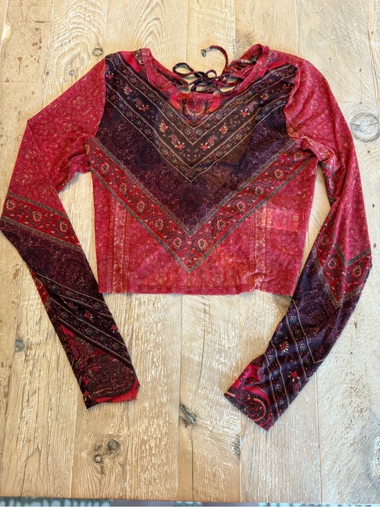 Free People Tops - Free People Red Paisley Lace-Up Long Sleeve Crop Top M